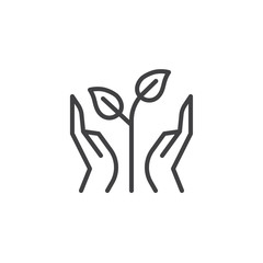 Hands and sprout line icon. linear style sign for mobile concept and web design. Hands with growth plant leaves outline vector icon. Symbol, logo illustration. Pixel perfect vector graphics