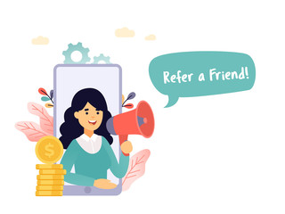 Refer a friend vector illustration concept, woman shout on megaphone with refer a friend word, can use for landing page, template, ui, web, mobile app, poster banner or flyer.