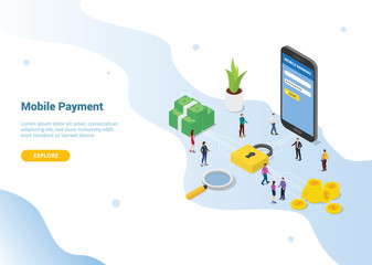mobile payment concept with smartphone security login secure area with modern isometric style design for website template banner or landing homepage - vector