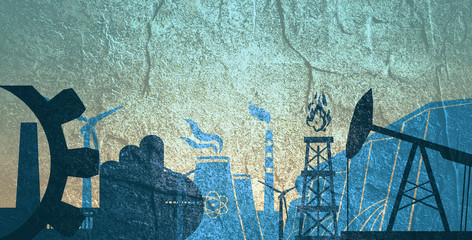 Concept of industrial plant and manufacture building. Energy and Power icons set. Energy generation and heavy industry. Modern brochure, report or cover design template.