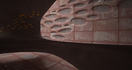 Empty smooth abstract room interior of sheets rusted metal . Architectural background. 3D illustration and rendering