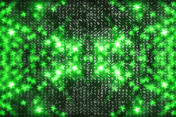 Green matrix digital background. Abstract cyberspace concept. Characters fall down. Matrix from symbols stream. Virtual reality design. Complex algorithm data hacking. Green digital sparks.