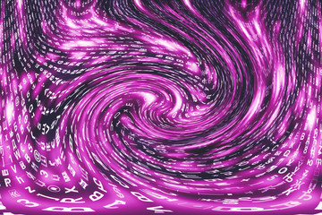 Pink matrix digital background. Distorted cyberspace concept. Characters fall down in wormhole. Hacked matrix. Virtual reality design. Complex algorithm data hacking. Pink digital sparks.