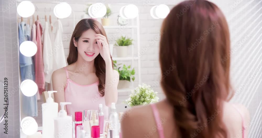 Poster skin care woman look mirror