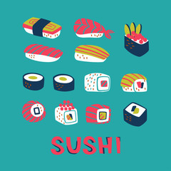 Sushi and Rolls Hand Drawn Vector Symbols. Set of Traditional Japanese Food.