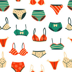 Lingerie Seamless Background. Hand Drawn Vector Pattern with Underwear.