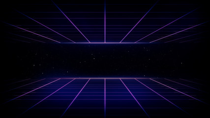 Retro Sci-Fi Background Futuristic Grid landscape of the 80`s. Digital Cyber Surface. Suitable for design in the style of the 1980`s
