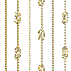 Fototapeta na wymiar Golden Vertical Straped Ropes with Sea Knot Seamless Pattern.