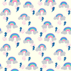 seamless pattern with cloud doodle, line art, rainbow, atmosphere, nature, thunder, abstract background, rainy collection, natural print