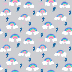 seamless pattern with cloud doodle, line art, rainbow, atmosphere, nature, thunder, abstract background, rainy collection, natural print