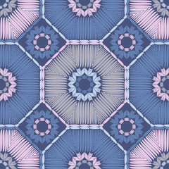 Trendy seamless pattern designs. Octagons and snowflakes from ethnic stripes. Boho. Vector geometric background. Can be used for wallpaper, textile, invitation card, wrapping, web page background.