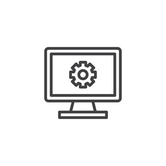 Computer setup line icon. Software development linear style sign for mobile concept and web design. Monitor with gear outline vector icon. Symbol, logo illustration. Pixel perfect vector graphics