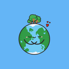 Cartoon cute doodle earth with tree on the head.Hand drawn.