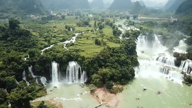 Ban Gioc Detian waterfall on China and Vietnam border aerial footage