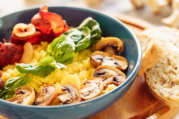 Polenta Italian Corn Porridge Cuisine Mushroom. Traditional Healthy Breakfast with Cooked Pork...