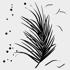 Black silhouette of palm leaf on white background and small vegetable elements. Isolated vector pattern.