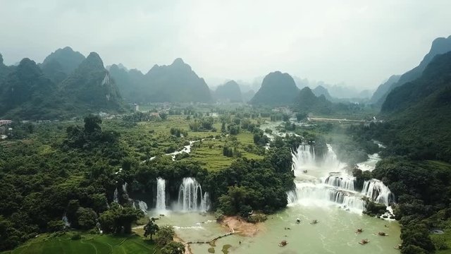 Ban Gioc Detian waterfall on China and Vietnam border aerial footage