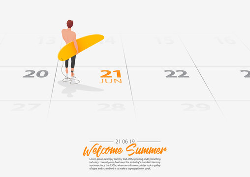Summer Holiday. Surfer man standing with surfboard on the beach and looking at the sea shore. Man holding surfboard marked date Summer season start on calendar 21th June 2019. Vector Illustration.