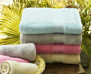 Close-up of soft cotton terry towel. Color cotton terry towel.