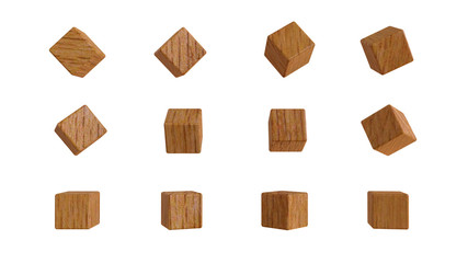 Wood cubes in various angles set isolated on white. Realistic 3d illustration rendering. 