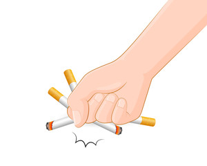 Human hands crushing cigarette. Quitting smoking concept.  World No Tobacco Day. Illustration isolated on white background.