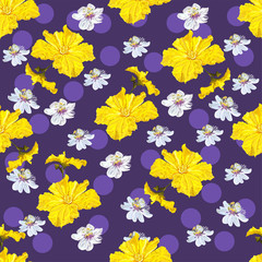 Obraz premium Tropical flower seamless pattern with pumpkin flowerand passion flower-vector