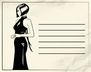 Message card with fashion girl in sketch style on a white background.