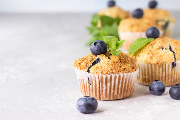 Blueberry muffins with fresh berries and mint leaves on light grey stone background. Copy space.