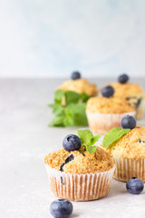 Blueberry muffins with fresh berries and mint leaves on light grey stone background. Copy space.