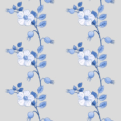 Watercolor seamless pattern with blue flowers on grey background