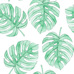 Watercolor seamless pattern with palm leaves. 