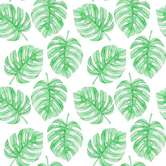 Watercolor seamless pattern with tropical palm monstera leaves. 