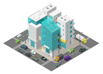 City street district quarter. Isometric town and road around. Cars traffic and buildings 3d. Bank building suite apartments. Vector illustration.