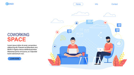 Coworking Space Landing Page Flat Cartoon Template. Freelancers Team Working Online on Laptop. Business People Sharing Open Workspace. Man Characters Sit on Armchair and Sofa. Vector Illustration