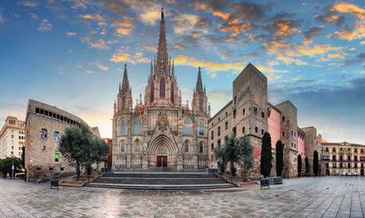 Cathedral of the Holy Cross and Saint Eulalia at sunset in Barcelona, Spain