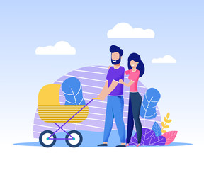 Fototapeta premium Happy Family Spending Time Together Walking in Park. Smiling Father Carrying Stroller with Baby and Mother Going near. Satisfied Wife Hugging Husband by Shoulders. Vector Cartoon Flat Illustration
