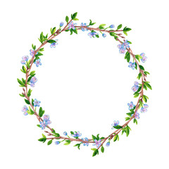 Round floral frame with spring branches apple or cherry tree. Hand drawn watercolor illustration. Isolated on white background.