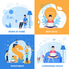 Work at Home, Investment, New Ideas and Coworking Space Set. People Using Laptop for Creation, Online Earnings, Increasing Internet Business Profit in Comfortable Workspace. Vector Flat Illustration