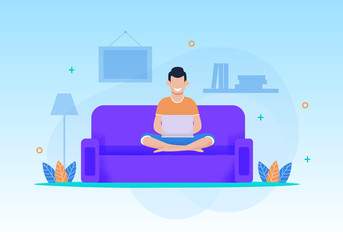 Obraz na płótnie Canvas Smiling Man Play Video Game, Type in Social Chat Using Laptop Sitting on Sofa at Living Room. Relax or Working on Comfortable Couch on Evening or Weekend at Home. Flat Vector Cartoon Illustration