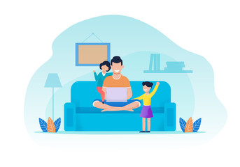 Father and Daughters Having Rest in Living Room. Man Sits on Sofa Using Laptop. Girls Attracting Dads Attention. Happy Family Evening. Recreation Together at Home. Vector Flat Cartoon Illustration