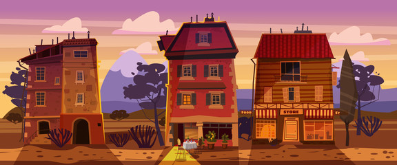 Landscape sunset summer, buildings, home, cafe, countryside, rural view wild west mountains savannah desert