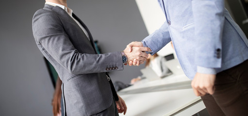 Two confident business man shaking hands during a meeting in the office
