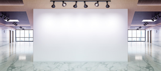 Blank wall in marble and wooden office mockup with large windows and sun passing through 3D rendering