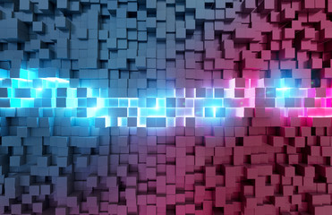 Glowing black blue and pink squares background pattern 3D rendering