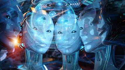 Group of female robots heads using digital hologram screens 3d rendering