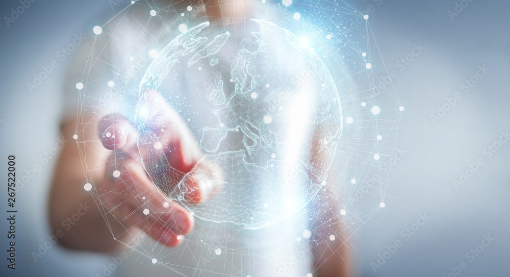 Poster businessman using europe map globe network hologram 3d rendering