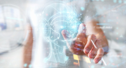 Businessman using digital artificial intelligence head interface 3D rendering