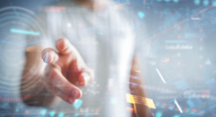 Businessman using digital technological interface with datas 3D rendering