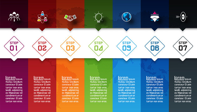 Seven colorful bars with business icon infographics.