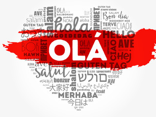 OLA (Hello Greeting in Portuguese) love heart word cloud in different languages of the world